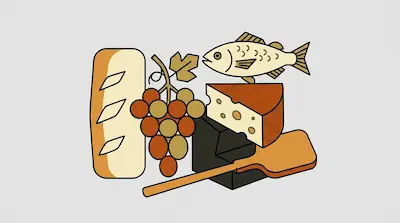 A loaf of bread, a bunch of grapes, a fish, a wedge of cheese, and a wooden paddle.