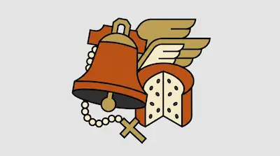 An orange bell, a gold wing, a round loaf of bread with a slice cut out, and a rosary with a cross.