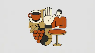 A minimalist graphic featuring a coffee cup, a bunch of grapes, a large open hand, a person, and a small round table.