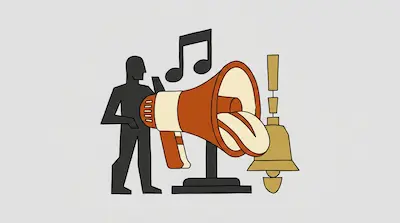 A black silhouette of a person stands next to a large orange megaphone with a tongue sticking out, a musical note, and a gold bell.