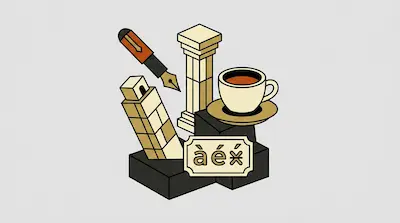 A fountain pen, a classical column, a cup of coffee, and a leaning tower of blocks are arranged on black pedestals with a small plaque featuring accented letters.