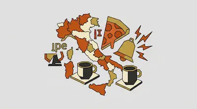 A stylized map of Italy surrounded by icons of a pizza slice, a ringing bell, two coffee cups, and a trophy with the letters "ipe".