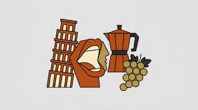 The Leaning Tower of Pisa, an open mouth, a moka pot, and a bunch of grapes.