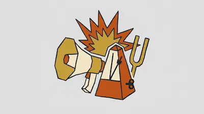 A stylized graphic featuring a megaphone, a metronome, and a tuning fork against a jagged starburst background.