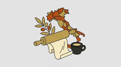 A map of Italy surrounded by an olive branch, a rolling pin with dough, and a cup of coffee.
