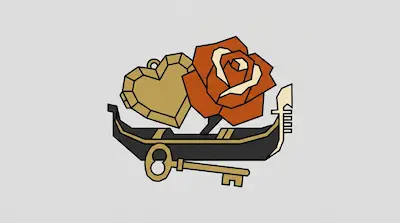 A black gondola holds a faceted gold heart and an orange rose, with a gold key resting in front of the boat.