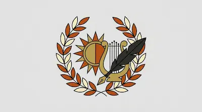 A sun, a lyre, and a quill pen centered within a laurel wreath.
