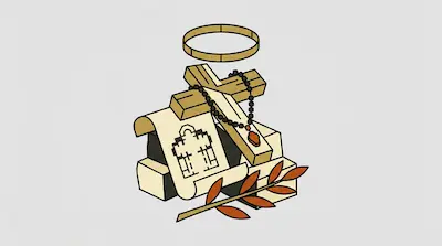 A wooden cross with a rosary, a scroll showing a building plan, and a leafy branch are stacked together under a floating gold halo.