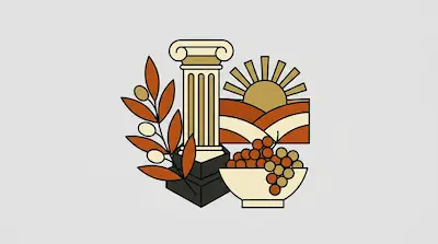 An Ionic column, an olive branch, a bowl of grapes, and a sun rising over hills in a minimalist style.