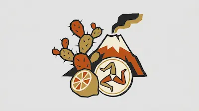 A stylized graphic featuring a prickly pear cactus, a smoking volcano, a sliced citrus fruit, and a circular triskelion emblem.