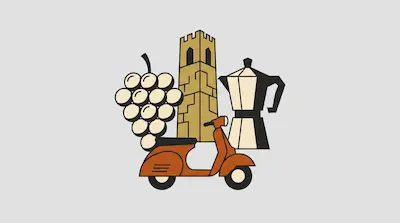 A bunch of grapes, a medieval tower, and a moka pot are arranged behind an orange motor scooter.