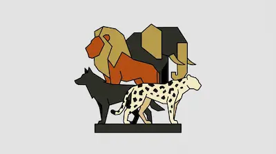 Stylized, geometric depictions of a lion, elephant, wolf, and cheetah layered together on a black base.