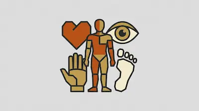 A stylized human figure surrounded by a heart, an eye, a hand, and a foot in a geometric, earth-toned design.