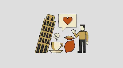 Geometric icons of the Leaning Tower of Pisa, a steaming cup, a heart in a speech bubble, and a person waving.