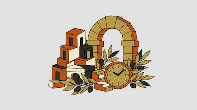 A stone archway stands behind a stack of cubic buildings, a round analog clock, and olive branches.