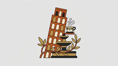 The Leaning Tower of Pisa stands behind a tiered fountain and a steaming cup of coffee, surrounded by leafy branches.