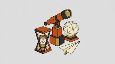 A stylized isometric arrangement of an hourglass, a telescope, a geodesic sphere, and a paper airplane.