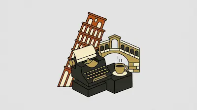 The Leaning Tower of Pisa and the Rialto Bridge stand behind a typewriter and a cup of coffee.