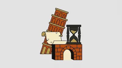 The Leaning Tower of Pisa, an hourglass, a scroll, and a brick archway are grouped together.
