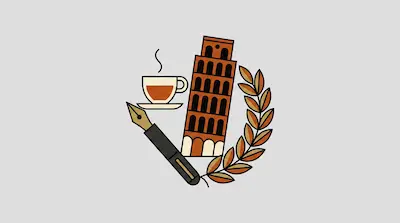 A fountain pen, a steaming cup of coffee, the Leaning Tower of Pisa, and a laurel wreath.
