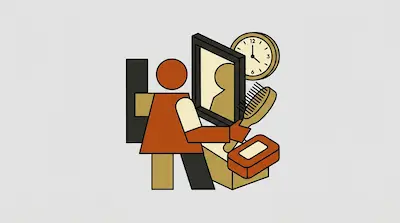 A stylized person looks into a mirror while holding a hairbrush, with a clock and a bar of soap nearby.