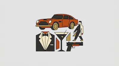 An orange sports car, a tuxedo, a martini glass, a handgun, and a man in a suit are shown in a minimalist, geometric style.