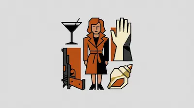 A woman in a trench coat surrounded by a martini glass, a hand, a handgun, and a seashell.