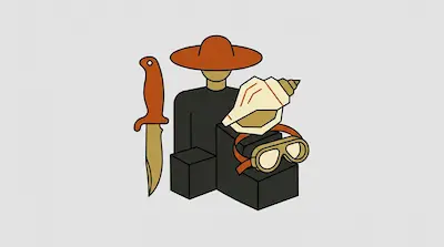 A person in a wide-brimmed hat is shown with a diving knife, a conch shell, and diving goggles.
