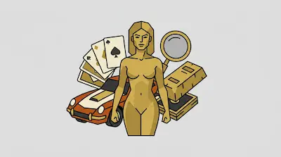 A golden female figure stands in front of playing cards, a magnifying glass, gold bars, and an orange sports car.