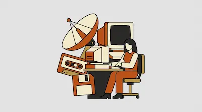 A person sits at a desk surrounded by a satellite dish, computer monitors, a cassette tape, and a floppy disk.