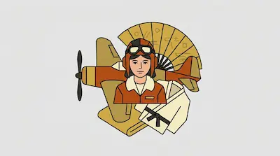 A pilot wearing a flight cap and goggles is surrounded by a propeller plane, a folding fan, and a martial arts uniform.