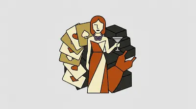 A woman in a long orange and cream dress holds a cocktail glass, flanked by a fan of playing cards and a stack of dark cubes.