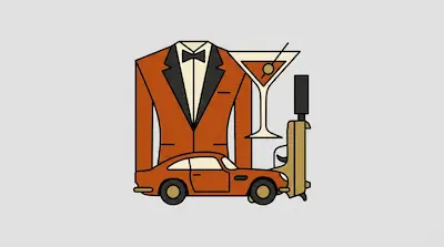 Flat illustration of a tuxedo, a martini glass, a silenced pistol, and a vintage sports car on a gray background