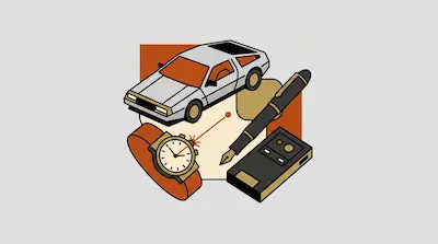 Flat illustration of a silver sports car, a wristwatch, a fountain pen, and a pager on a grey and orange background