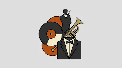 Flat illustration of a man in a suit, a trumpet, and vinyl records in a minimalist jazz theme on a gray background