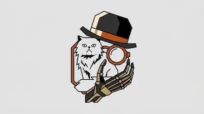 Flat illustration of a fluffy white cat wearing a top hat and monocle, held by a robotic skeletal hand