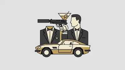 A man in a tuxedo, a headless tuxedo, a silenced pistol, a martini glass, and a vintage sports car.