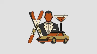 A man in a tuxedo stands behind a sports car, flanked by crossed skis and a martini glass.