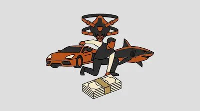 A person in a crouching pose is surrounded by a sports car, a shark, a stack of money, and a large respirator mask.