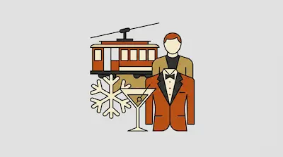 A cable car, a man, a tuxedo, a snowflake, and a martini glass are grouped together.