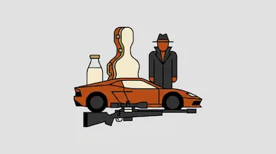 A milk bottle, a violin case, a man in a trench coat, an orange sports car, and a sniper rifle.