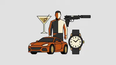 A man surrounded by icons of a sports car, a wristwatch, a martini glass, and a silenced handgun.