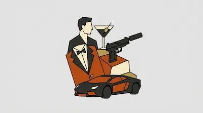 A man in a tuxedo, a martini glass, a handgun with a silencer, and a sports car are arranged in a stylized, geometric composition.