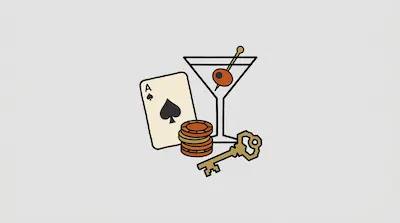 An Ace of Spades playing card, a stack of poker chips, a martini glass with an olive, and a skeleton key.