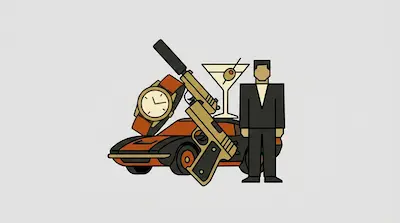 A man in a suit stands beside a sports car, a silenced handgun, a wristwatch, and a martini glass.