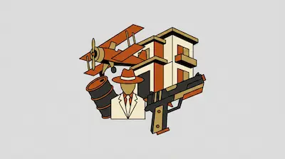 A collection of stylized icons including a biplane, a building, a barrel, a person in a suit and fedora, and a handgun.
