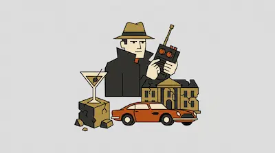 A man in a fedora and trench coat holds a walkie-talkie, surrounded by a martini glass, an orange sports car, and a cracked building.