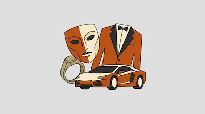 A mask, a tuxedo jacket, a ring, and a sports car in a stylized orange and cream color palette.