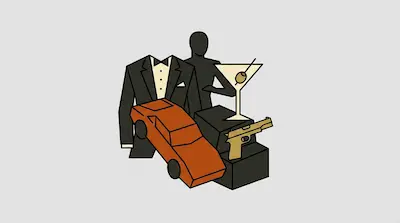 A tuxedo, a black silhouette, a martini glass with an olive, an orange sports car, and a gold handgun.