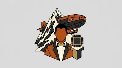 A man in a tuxedo stands before a snowy mountain and a blimp, with a computer chip on a pedestal.